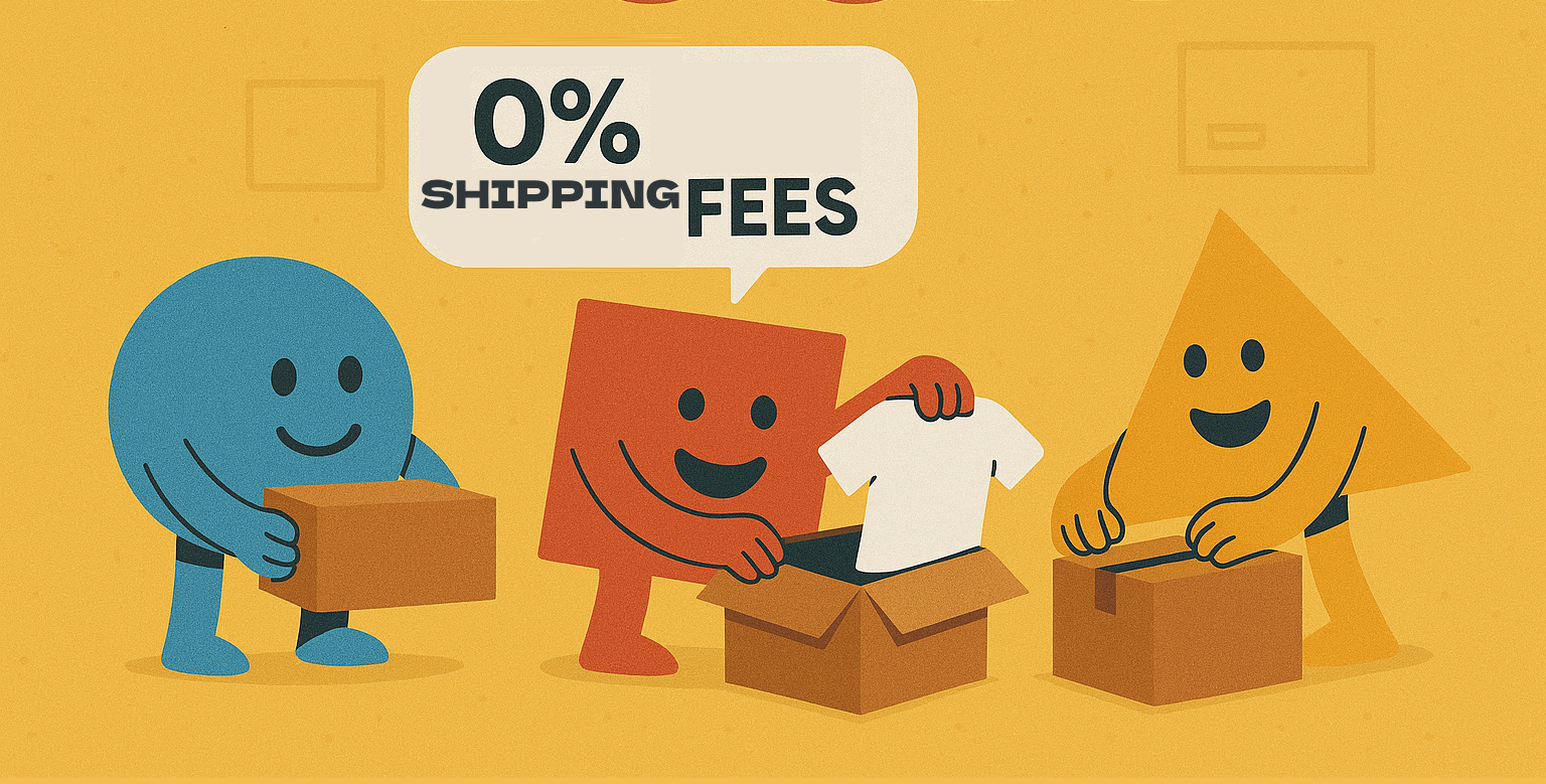 Happy geometric shapes packing and shipping products with banners showing 0% shipping fees, symbolizing free shipping and sellers keeping all their profits on LOOM.