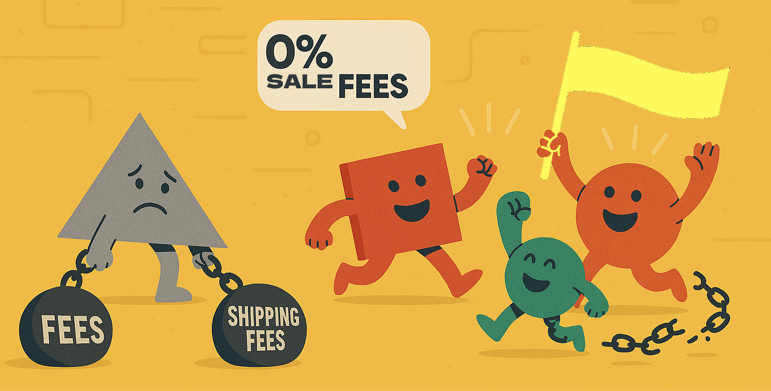 Geometric shapes celebrate using LOOM with 0% fees and 0% shipping fees, breaking free from heavy costs while a sad pyramid remains chained to high fees, symbolizing freedom and independence for online sellers.
