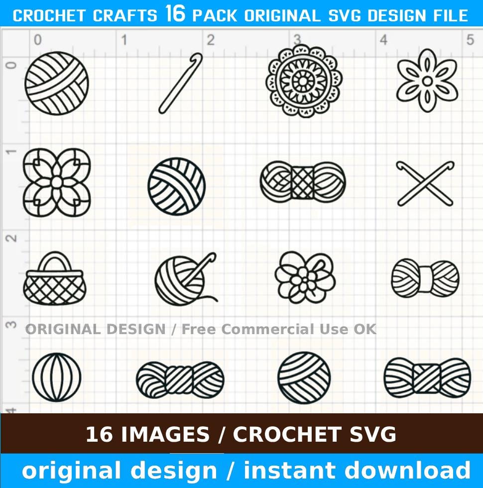 crochet svg bundle, 4x4 crochet hook yarn svg pack, cricut silhouette cutting files, knitting crochet icons for diy crafts and decor