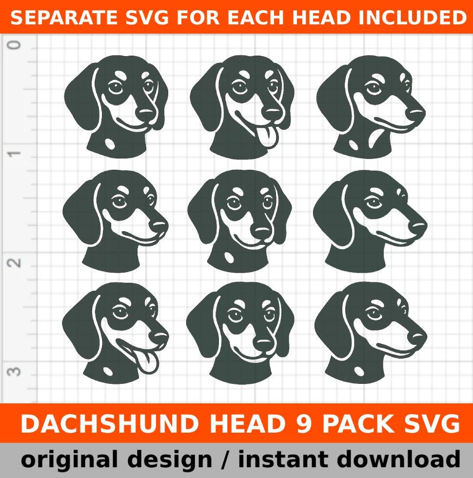 dachshund head svg bundle, 9 pack dog face designs, cricut silhouette cutting files, dachshund svg pack for vinyl decals pet craft projects