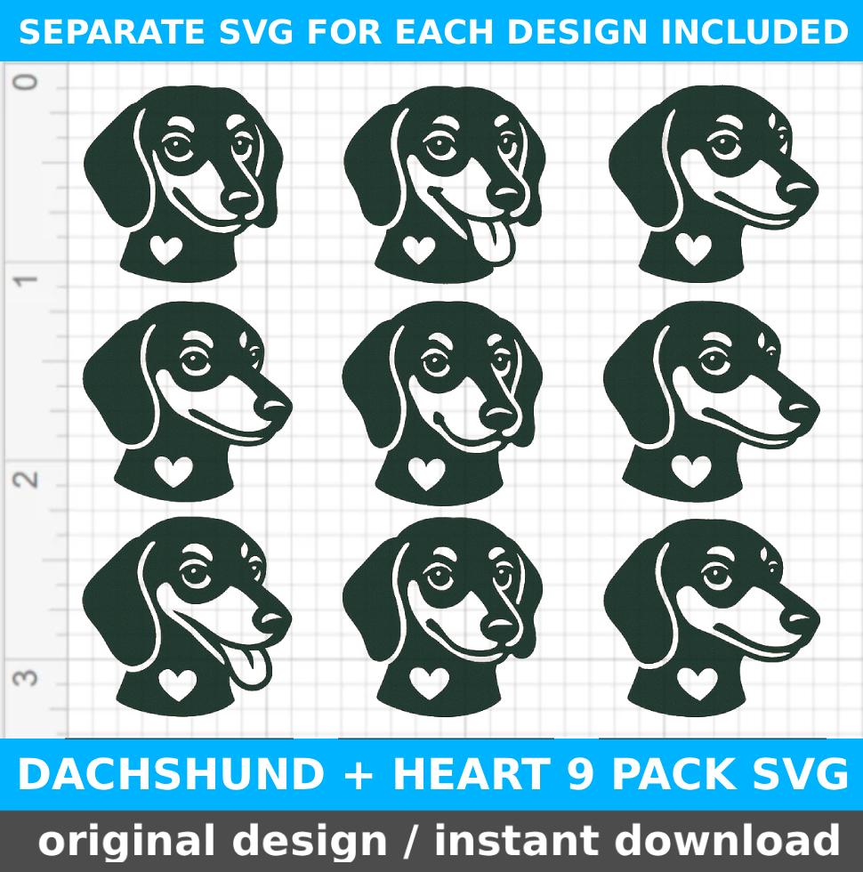 DACHSHUND head with a heart svg bundle, wiener dog svg, cricut silhouette cutting files, dachshund svg / clip art for pet craft projects