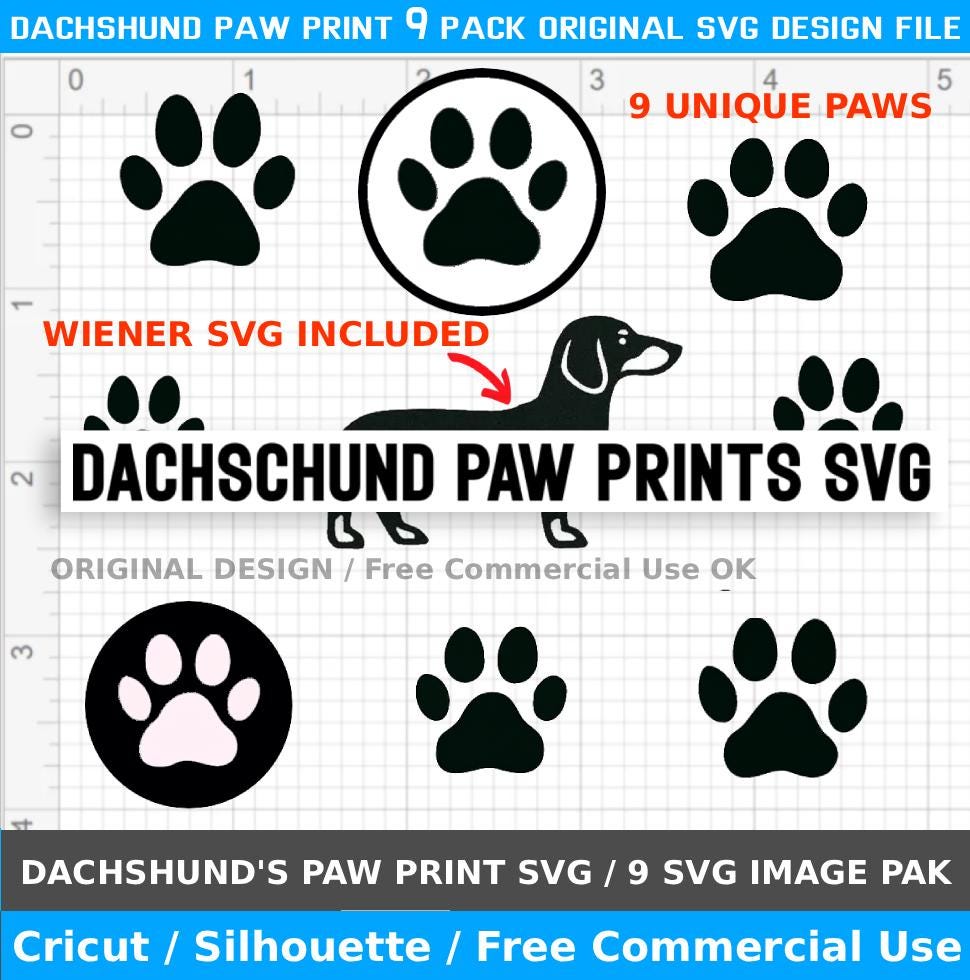 dachshund paw svg, 9 dog paw designs plus dachshund svg silhouette, cricut cut files, dog paw clip art