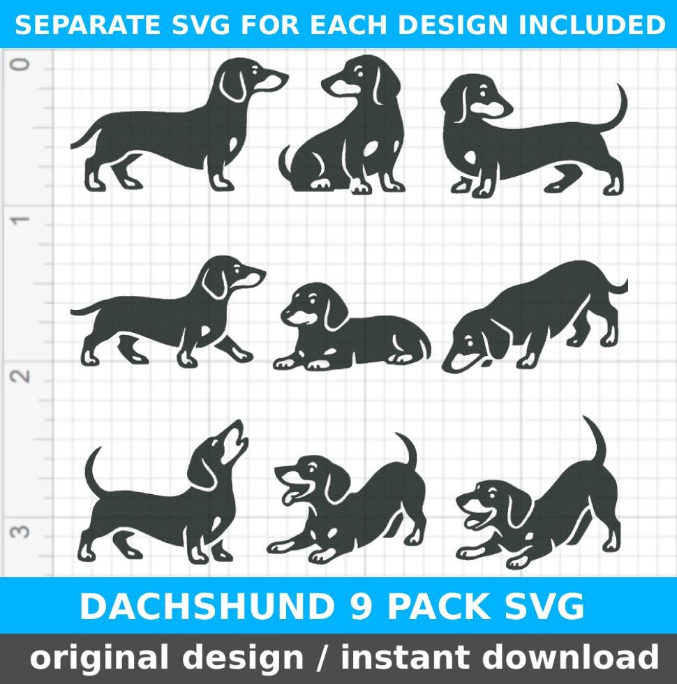 dachshund svg bundle, 9 pack dachshund body poses, cricut silhouette cutting files, dog vinyl decals svg for shirts mugs tote bags crafts