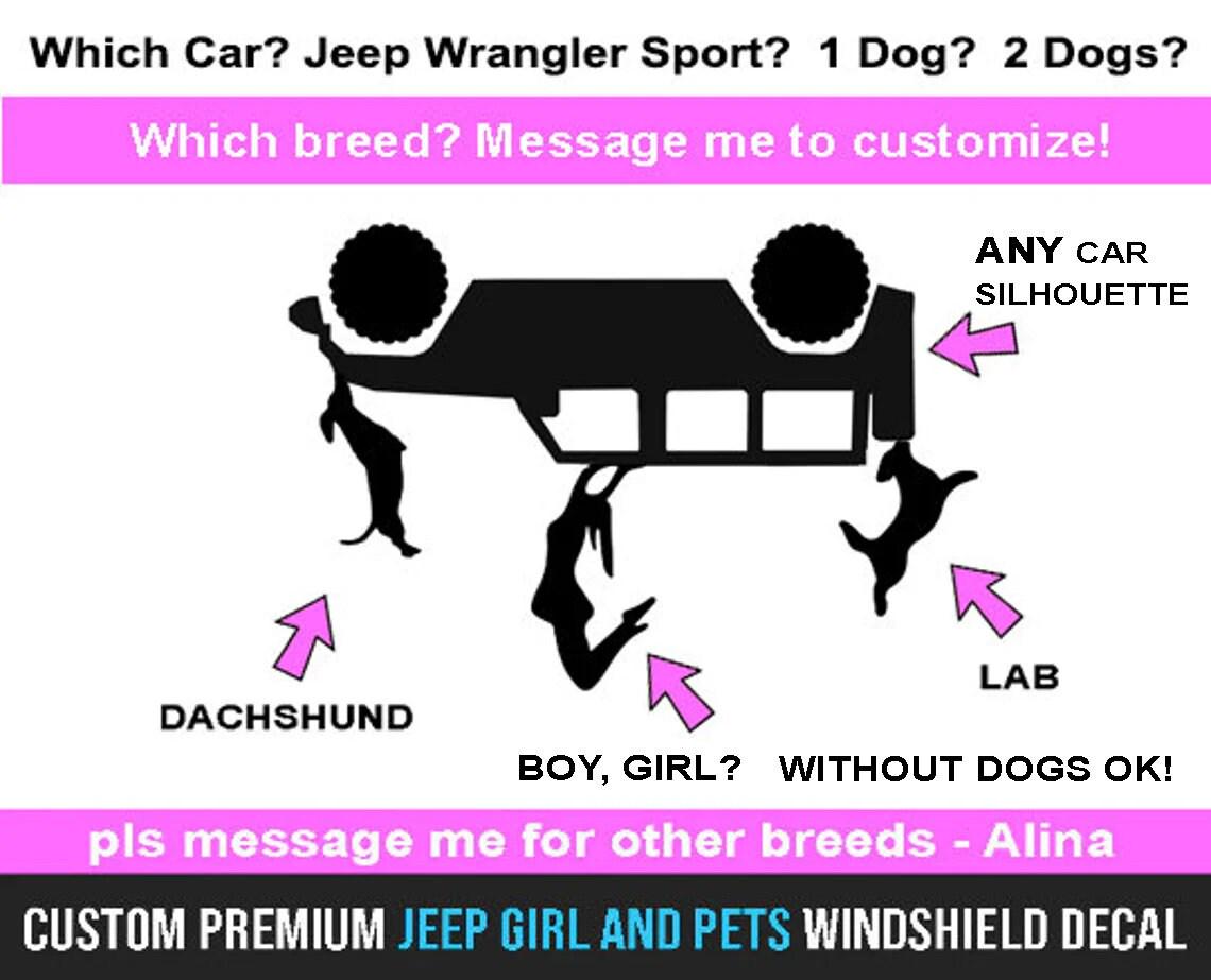 Personalized Jeep Cliff Hanger Girl Decal, ANY Dog Breed (1, 2, 3 or none) Jeep Windshield Replacement Decal / Wrangler Accessories