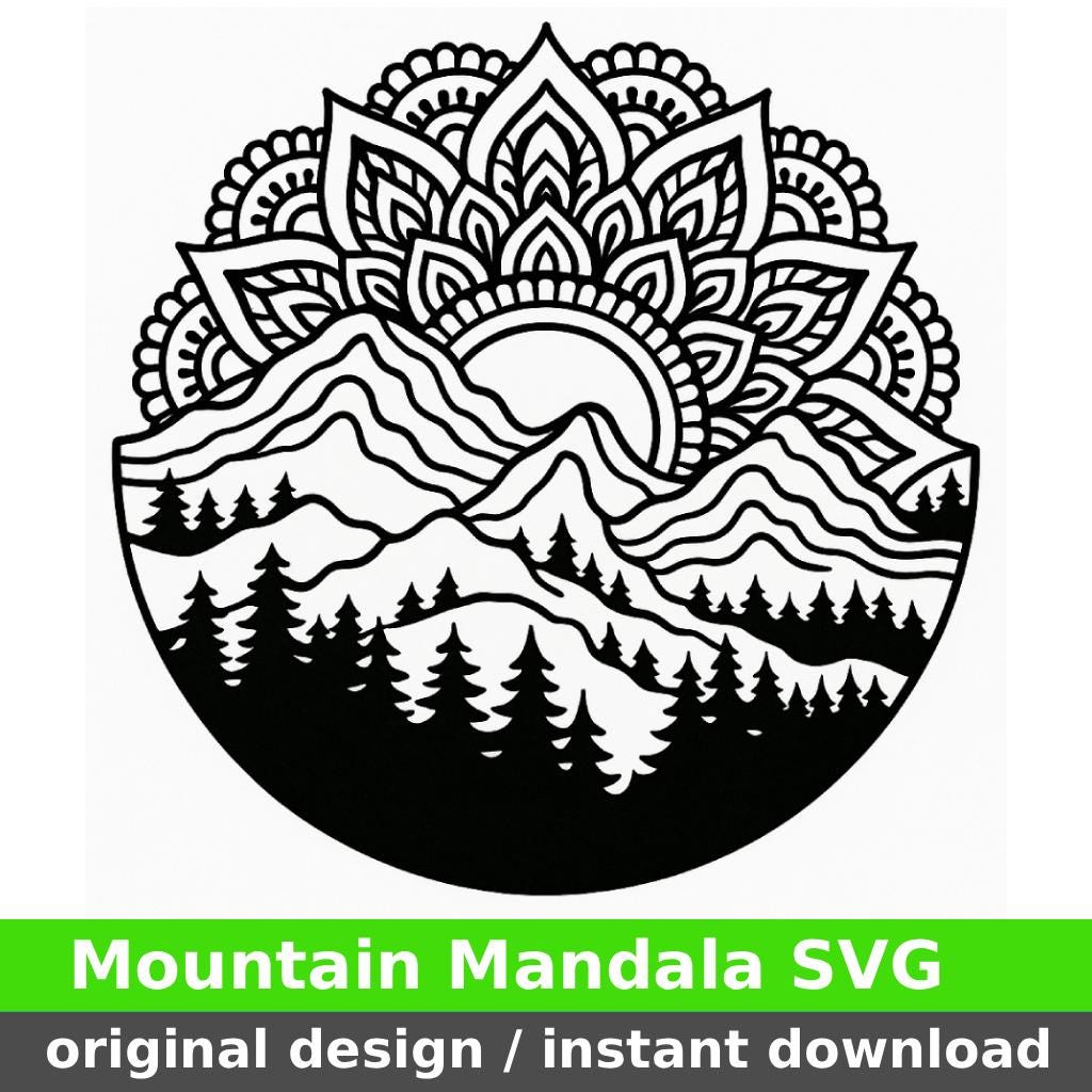 Mountain Mandala Svg File / PNG / boho nature digital file, cricut silhouette stencil design, mandala mountain sublimation transfer clipar