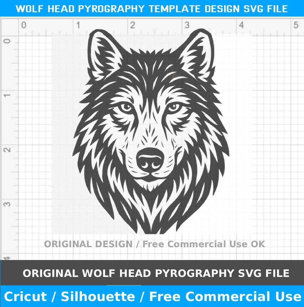 Wolf Head Pyrography Pattern / wood burning wolf head stencil, wildlife laser cut template, front view wolf svg design, diy wood art pattern