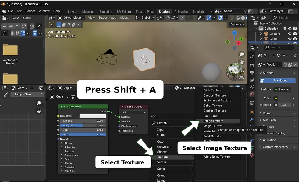 press shift a to select texture in blender