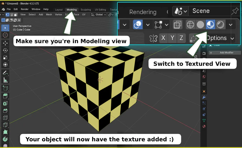 blender, how to, show, texture, modeling view, textured object